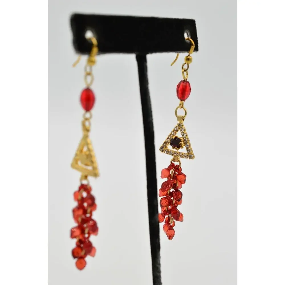 Statement Dangle Earrings Earrings Red Rhinestone Crystal Beaded Cluster Gold 9L